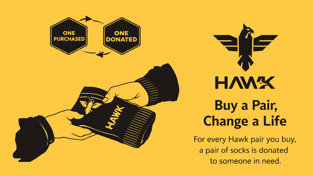 Hawk sock packaging with branding and promotional text on a yellow background