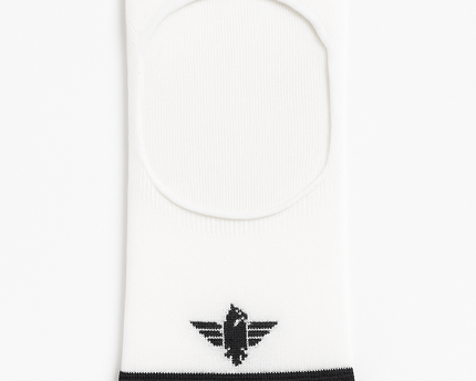 Black and white sock with a logo on a white background