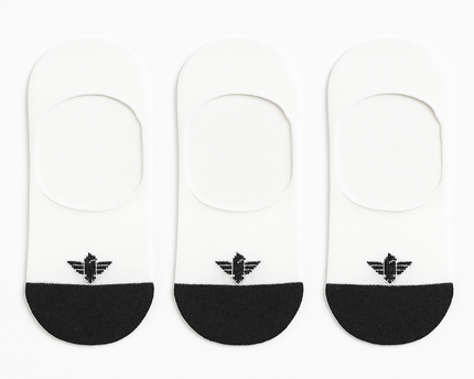 Three pairs of black and white insoles with a logo on a white background