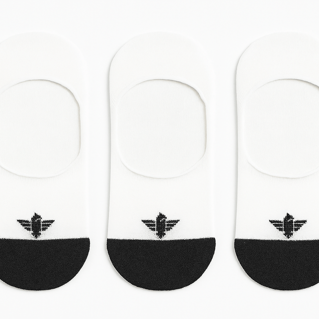Three pairs of black and white insoles with a logo on a white background